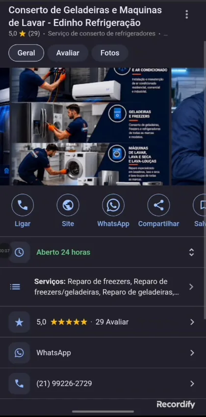 Exemplo de perfil no Google com fotos, avaliação, serviços e botões de contato