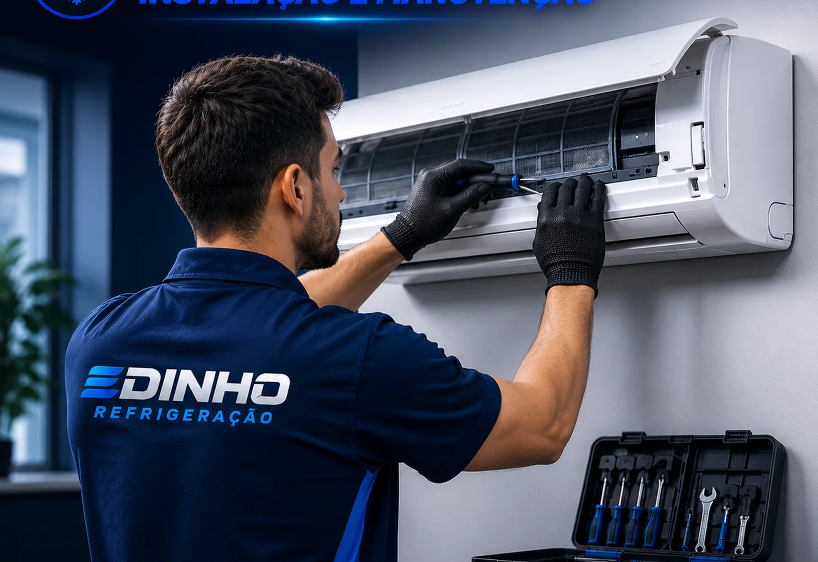 Técnico realizando manutenção em ar-condicionado