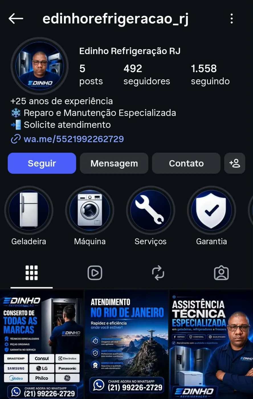 Perfil organizado da Edinho Refrigeração no Instagram